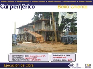 Bello OrienteFINALIZACION DE OBRA: OCTUBRE DE 2010AVANCE DE OBRA :  32% CONTRATISTA DE OBRA: Construcciones AP S.A.INTERVENTORIA:  Ingeocilcon LTDARECURSOS INVERTIDOS: $ 1.175.622.879Ejecución de Obra