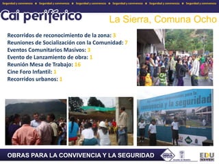 La Sierra, Comuna OchoRecorridos de reconocimiento de la zona: 3Reuniones de Socialización con la Comunidad: 7Eventos Comunitarios Masivos: 3Evento de Lanzamiento de obra: 1Reunión Mesa de Trabajo: 16Cine Foro Infantil: 1Recorridos urbanos: 1OBRAS PARA LA CONVIVENCIA Y LA SEGURIDAD