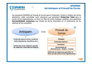 SPAMINA
                                           del Antispam al Firewall de Correo


Las soluciones SPAMINA de Firewall de Correo para la Protección, Control y Gestión del correo
electrónico, están concebidas como soluciones que garantizan Protección Total para el
correo de las organizaciones, no como un filtro de correo Antispam estándar, sino aportando
funcionalidades exclusivas que inciden de forma importante en el rendimiento de los
sistemas de las compañías:



                                                           Firewall de
          Antispam
                                                             Correo

  Protección para el correo a través de                        Antispam
  Listas (bayesianas, heurísticas, etc.)
                                                         Protección Antivirus

                                                              Perimetral
  Control del correo mediante mensaje
  de validación (Listas Blancas/Negras)                   Herramientas de
                                                   Administración - Gestión – Control

                                                Definición de reglas para garantizar el
                                                buen uso del correo en las organizaciones
 