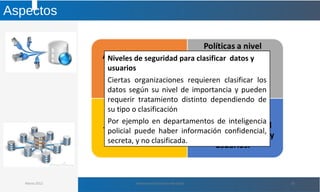 Aspectos
Marzo 2012 Administración de Base de Datos 10
Niveles de seguridad para clasificar datos y
usuarios
Ciertas organizaciones requieren clasificar los
datos según su nivel de importancia y pueden
requerir tratamiento distinto dependiendo de
su tipo o clasificación
Por ejemplo en departamentos de inteligencia
policial puede haber información confidencial,
secreta, y no clasificada.
 