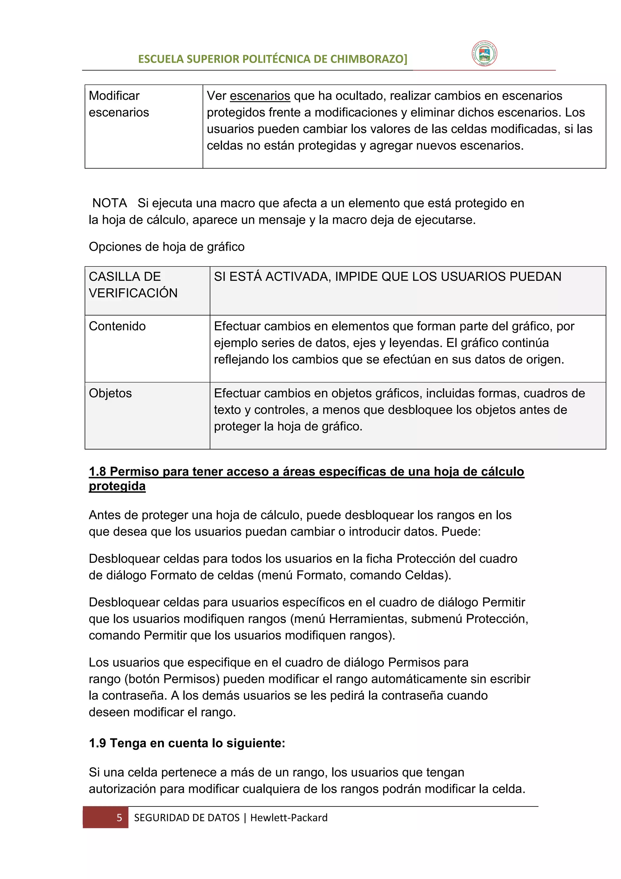 ESCUELA SUPERIOR POLITÉCNICA DE CHIMBORAZO]
Modificar
escenarios

Ver escenarios que ha ocultado, realizar cambios en escenarios
protegidos frente a modificaciones y eliminar dichos escenarios. Los
usuarios pueden cambiar los valores de las celdas modificadas, si las
celdas no están protegidas y agregar nuevos escenarios.

NOTA Si ejecuta una macro que afecta a un elemento que está protegido en
la hoja de cálculo, aparece un mensaje y la macro deja de ejecutarse.
Opciones de hoja de gráfico
CASILLA DE
VERIFICACIÓN

SI ESTÁ ACTIVADA, IMPIDE QUE LOS USUARIOS PUEDAN

Contenido

Efectuar cambios en elementos que forman parte del gráfico, por
ejemplo series de datos, ejes y leyendas. El gráfico continúa
reflejando los cambios que se efectúan en sus datos de origen.

Objetos

Efectuar cambios en objetos gráficos, incluidas formas, cuadros de
texto y controles, a menos que desbloquee los objetos antes de
proteger la hoja de gráfico.

1.8 Permiso para tener acceso a áreas específicas de una hoja de cálculo
protegida
Antes de proteger una hoja de cálculo, puede desbloquear los rangos en los
que desea que los usuarios puedan cambiar o introducir datos. Puede:
Desbloquear celdas para todos los usuarios en la ficha Protección del cuadro
de diálogo Formato de celdas (menú Formato, comando Celdas).
Desbloquear celdas para usuarios específicos en el cuadro de diálogo Permitir
que los usuarios modifiquen rangos (menú Herramientas, submenú Protección,
comando Permitir que los usuarios modifiquen rangos).
Los usuarios que especifique en el cuadro de diálogo Permisos para
rango (botón Permisos) pueden modificar el rango automáticamente sin escribir
la contraseña. A los demás usuarios se les pedirá la contraseña cuando
deseen modificar el rango.
1.9 Tenga en cuenta lo siguiente:
Si una celda pertenece a más de un rango, los usuarios que tengan
autorización para modificar cualquiera de los rangos podrán modificar la celda.
5

SEGURIDAD DE DATOS | Hewlett-Packard

 