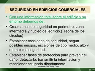 SEGURIDAD EN EDIFICIOS COMERCIALES
• Con una informacion total sobre el edificio y su
entorno debemos de :
• Crear zonas de seguridad en perimetro, zona
intermedia y nucleo del edificio.( Teoria de los
circulos)
• Establecer escalones de seguridad, segun
posibles riesgos, escalones de tipo medio, alto y
de maxima seguridad.
• Establecer fases de proteccion para prevenir el
daño, detectarlo, transmitir la informacion y
reaccionar actuando directamente.
C.I. Oswaldo CHOMBA Castro
 