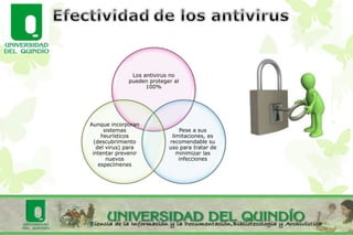 Los antivirus no
pueden proteger al
100%
Pese a sus
limitaciones, es
recomendable su
uso para tratar de
minimizar las
infecciones
Aunque incorporan
sistemas
heurísticos
(descubrimiento
del virus) para
intentar prevenir
nuevos
especímenes
 