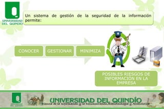 Un sistema de gestión de la seguridad de la información
permite:
CONOCER GESTIONAR MINIMIZA
POSIBLES RIESGOS DE
INFORMACIÓN EN LA
EMPRESA
 