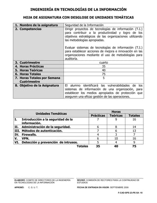 INGENIERÍA EN TECNOLOGÍAS DE LA INFORMACIÓN

       HOJA DE ASIGNATURA CON DESGLOSE DE UNIDADES TEMÁTICAS

1. Nombre de la asignatura               Seguridad de la Información
2. Competencias                          Dirigir proyectos de tecnologías de información (T.I.)
                                         para contribuir a la productividad y logro de los
                                         objetivos estratégicos de las organizaciones utilizando
                                         las metodologías apropiadas.

                                         Evaluar sistemas de tecnologías de información (T.I.)
                                         para establecer acciones de mejora e innovación en las
                                         organizaciones mediante el uso de metodologías para
                                         auditoría.
3. Cuatrimestre                                                  cuarto
4. Horas Prácticas                                                 35
5. Horas Teóricas                                                  40
6. Horas Totales                                                   75
7. Horas Totales por Semana                                         5
   Cuatrimestre
8. Objetivo de la Asignatura             El alumno identificará las vulnerabilidades de los
                                         sistemas de información de una organización, para
                                         establecer los medios apropiados de protección que
                                         aseguren una eficaz gestión de las operaciones.



                                                                            Horas
                   Unidades Temáticas
                                                            Prácticas      Teóricas           Totales
I.   Introducción a la seguridad de la                          7             9                 16
     información.
II. Administración de la seguridad.                              6              8               14
III. Métodos de autenticación.                                   7              6               13
IV. Firewalls.                                                   4              3                7
V. VPN.                                                          6             10               16
VI. Detección y prevención de intrusos.                          5              4                9
                                       Totales                  35             40               75




ELABORÓ: COMITE DE DIRECTORES DE LA INGENIERÍA   REVISÓ: COMISIÓN DE RECTORES PARA LA CONTINUIDAD DE
EN TECNOLOGÍAS DE LA INFORMACIÓN                 ESTUDIOS

APROBÓ:    C. G. U. T.                           FECHA DE ENTRADA EN VIGOR: SEPTIEMBRE 2009

                                                                                  F-CAD-SPE-23-PE-5A -10
 