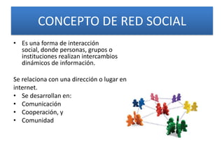 CONCEPTO DE RED SOCIAL
• Es una forma de interacción
social, donde personas, grupos o
instituciones realizan intercambios
dinámicos de información.
Se relaciona con una dirección o lugar en
internet.
• Se desarrollan en:
• Comunicación
• Cooperación, y
• Comunidad

 