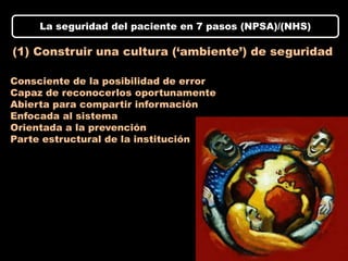 La seguridad del paciente en 7 pasos (NPSA)/(NHS)

(1) Construir una cultura (‘ambiente’) de seguridad

Consciente de la posibilidad de error
Capaz de reconocerlos oportunamente
Abierta para compartir información
Enfocada al sistema
Orientada a la prevención
Parte estructural de la institución
 