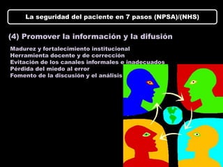 La seguridad del paciente en 7 pasos (NPSA)/(NHS)


(4) Promover la información y la difusión
Madurez y fortalecimiento institucional
Herramienta docente y de corrección
Evitación de los canales informales e inadecuados
Pérdida del miedo al error
Fomento de la discusión y el análisis
 
