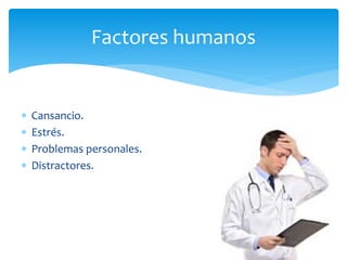  Cansancio.
 Estrés.
 Problemas personales.
 Distractores.
Factores humanos
 