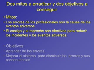 • Mitos:
• Los errores de los profesionales son la causa de los
eventos adversos.
• El castigo y el reproche son efectivos para reducir
los incidentes y los eventos adversos.
• Objetivos:
• Aprender de los errores.
• Mejorar el sistema para disminuir los errores y sus
consecuencias
Dos mitos a erradicar y dos objetivos a
conseguir
 