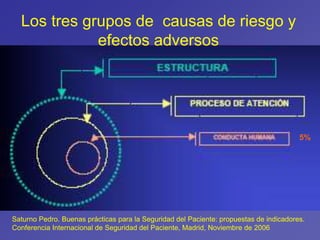 Saturno Pedro. Buenas prácticas para la Seguridad del Paciente: propuestas de indicadores.
Conferencia Internacional de Seguridad del Paciente, Madrid, Noviembre de 2006
5%
Los tres grupos de causas de riesgo y
efectos adversos
 