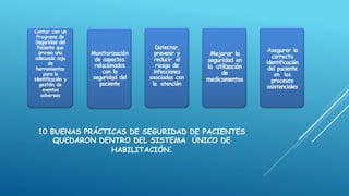 10 BUENAS PRÁCTICAS DE SEGURIDAD DE PACIENTES
QUEDARON DENTRO DEL SISTEMA ÚNICO DE
HABILITACIÓN:
Contar con un
Programa de
Seguridad del
Paciente que
provea una
adecuada caja
de
herramientas
para la
identificación y
gestión de
eventos
adversos
Monitorización
de aspectos
relacionados
con la
seguridad del
paciente
Detectar,
prevenir y
reducir el
riesgo de
infecciones
asociadas con
la atención
Mejorar la
seguridad en
la utilización
de
medicamentos
Asegurar la
correcta
identificación
del paciente
en los
procesos
asistenciales
 