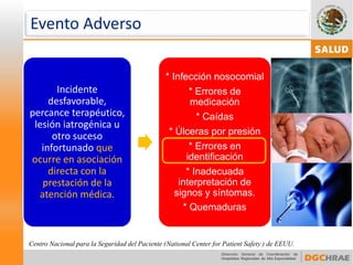 Incidente desfavorable, percance terapéutico, lesión iatrogénica u otro suceso infortunado que ocurre en asociación directa con la prestación de la atención médica. 
Evento Adverso 
Centro Nacional para la Seguridad del Paciente (NationalCenter forPatientSafety ) de EEUU. 
* Infección nosocomial 
* Errores de medicación 
* Caídas 
* Úlceras por presión 
* Errores en identificación 
* Inadecuada interpretación de signos y síntomas. 
* Quemaduras  