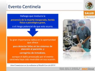 12 
Evento Centinela 
Joint Commission on Accreditation of Health Care de EEUU 
Su gran importancia radica en la oportunidad que ofrece para detectar fallas en los sistemas de atención al paciente, y corregirlos de inmediato, 
aunque el daño provocado por el evento centinela haya sido reversible en esa ocasión. 
Hallazgo que involucra la 
presencia de la muerte inesperada, herida física o psicológica grave, 
o el riesgo potencial de que esto ocurra.  