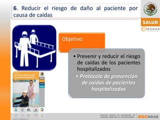 Objetivo: 
•Preveniryreducirelriesgodecaídasdelospacienteshospitalizados•Protocolo de prevención de caídas de pacientes hospitalizados 
6.Reducirelriesgodedañoalpacienteporcausadecaídas  