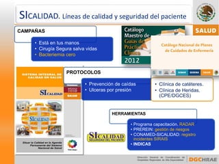 CAMPAÑAS 
•Está en tus manos 
•Cirugía Segura salva vidas 
•Bacteriemia cero 
PROTOCOLOS 
•Prevención de caídas 
•Ulceras por presión 
SICALIDAD.Líneasdecalidadyseguridaddelpaciente 
HERRAMIENTAS 
•Programa capacitación. RADAR 
•PREREIN: gestión de riesgos 
•CONAMED-SICALIDAD: registro incidentes SIRAIS 
•INDICAS 
•Clínica de catéteres. 
•Clínica de Heridas. (CPE/DGCES)  
