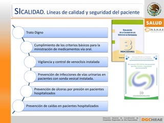 Trato Digno 
Cumplimiento de los criterios básicos para la ministración de medicamentos vía oral. 
Vigilancia y control de venoclisis instalada 
Prevención de infecciones de vías urinarias en pacientes con sonda vesical instalada. 
Prevención de úlceras por presión en pacientes hospitalizados 
Prevención de caídas en pacientes hospitalizados 
SICALIDAD.Líneasdecalidadyseguridaddelpaciente  