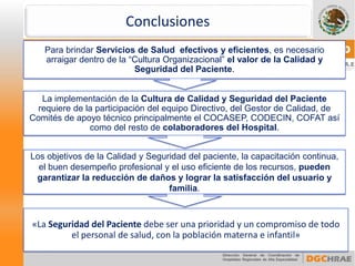 Conclusiones 
«La Seguridad del Paciente debe ser una prioridad y un compromiso de todo el personal de salud, con la población materna e infantil» 
Para brindar Servicios de Salud efectivos y eficientes, es necesario arraigar dentro de la “Cultura Organizacional” el valor de la Calidad y Seguridad del Paciente. 
La implementación de la Cultura de Calidad y Seguridad del Paciente requiere de la participación del equipo Directivo, del Gestor de Calidad, de Comités de apoyo técnico principalmente el COCASEP, CODECIN, COFAT así como del resto de colaboradores del Hospital. 
Los objetivos de la Calidad y Seguridad del paciente, la capacitación continua, el buen desempeño profesional y el uso eficiente de los recursos, pueden garantizar la reducción de daños y lograr la satisfacción del usuario y familia.  