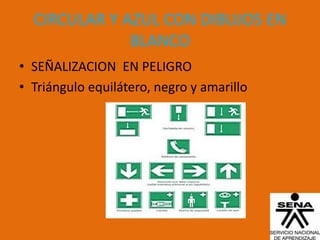 CIRCULAR Y AZUL CON DIBUJOS EN
              BLANCO
• SEÑALIZACION EN PELIGRO
• Triángulo equilátero, negro y amarillo
 