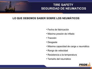 LO QUE DEBEMOS SABER SOBRE LOS NEUMÁTICOS Fecha de fabricación Máxima presión de inflado Tracción Desgaste Máxima capacidad de carga x neumático Rango de velocidad Resistencia a la temperatura Tamaño del neumático TIRE SAFETY  SEGURIDAD DE NEUMATICOS 