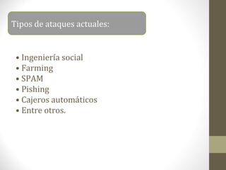 Tipos de ataques actuales:


 • Ingeniería social
 • Farming
 • SPAM
 • Pishing
 • Cajeros automáticos
 • Entre otros.
 