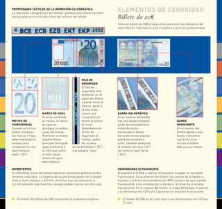 ELEMENTOS DE SEGURIDAD 
Billete de 20€ 
Tome un billete de 20€ y sepa cómo reconocer los elementos de 
seguridad de importancia para el público y para los profesionales: 
PROPIEDADES TÁCTILES DE LA IMPRESIÓN CALCOGRÁFICA 
La impresión calcográfica (“en relieve”) produce una sensación táctil 
que se aprecia en distintas zonas del anverso del billete. 
MOTIVO DE 
COINCIDENCIA 
Cuando se mira el 
billete al trasluz, 
las marcas irregu-lares 
impresas en 
ambas caras 
completan la cifra 
que indica su 
valor (“20”). 
MARCA DE AGUA 
Al mirar un billete 
al trasluz, la marca 
de agua se 
distingue en ambas 
caras del billete. 
Podrá ver el motivo 
arquitectónico 
principal (marca de 
agua multitono) y 
la cifra que indica 
el valor facial 
(marca de agua 
electrotípica). 
HILO DE 
SEGURIDAD 
El hilo de 
seguridad está 
embebido en el 
papel del billete 
y puede verse al 
trasluz; aprecia-rá 
una línea 
oscura que 
cruza vertical-mente 
el billete. 
Al mirar 
detenidamente 
el hilo de 
seguridad al 
trasluz, podrá 
ver el valor 
facial del billete (“20”) 
y la palabra “euro”. 
MICROTEXTOS 
En diferentes zonas del billete aparecen caracteres gráficos en dos 
tamaños reducidos. La mayoría de las personas puede ver a simple 
vista el texto impreso a 0,8 mm, mientras que los caracteres a 
0,2 mm parecen una línea fina, aunque pueden leerse con una lupa. 
BANDA HOLOGRÁFICA 
En el anverso del billete 
hay una banda holográfi-ca 
de aproximadamente 
8 mm de ancho. 
Inclinando el billete 
hacia diferentes ángulos 
podrá ver su brillo y 
color; también apreciará 
el símbolo del euro (“€”) 
así como el valor facial 
(“20”). 
PROPIEDADES ULTRAVIOLETA 
Al exponer el billete a una luz ultravioleta, el papel no se vuelve 
fluorescente. En el anverso del billete, los colores de la bandera 
europea y la firma del presidente del BCE cambian de azul a verde 
fluorescente, y las estrellas de la bandera, de amarillo a naranja 
fluorescente. En el reverso del billete, el mapa de Europa, el puente 
y la denominación (“20 euro”) aparecen en amarillo fluorescente. 
 El diseño del billete de 20€ representa la arquitectura gótica.  El billete de 20€ es de color azul y sus dimensiones son 133 por 
72 mm. 
BANDA 
IRIDISCENTE 
En el reverso del 
billete aparece una 
banda iridiscente 
que brilla si se 
inclina el billete 
bajo una luz intensa. 
 