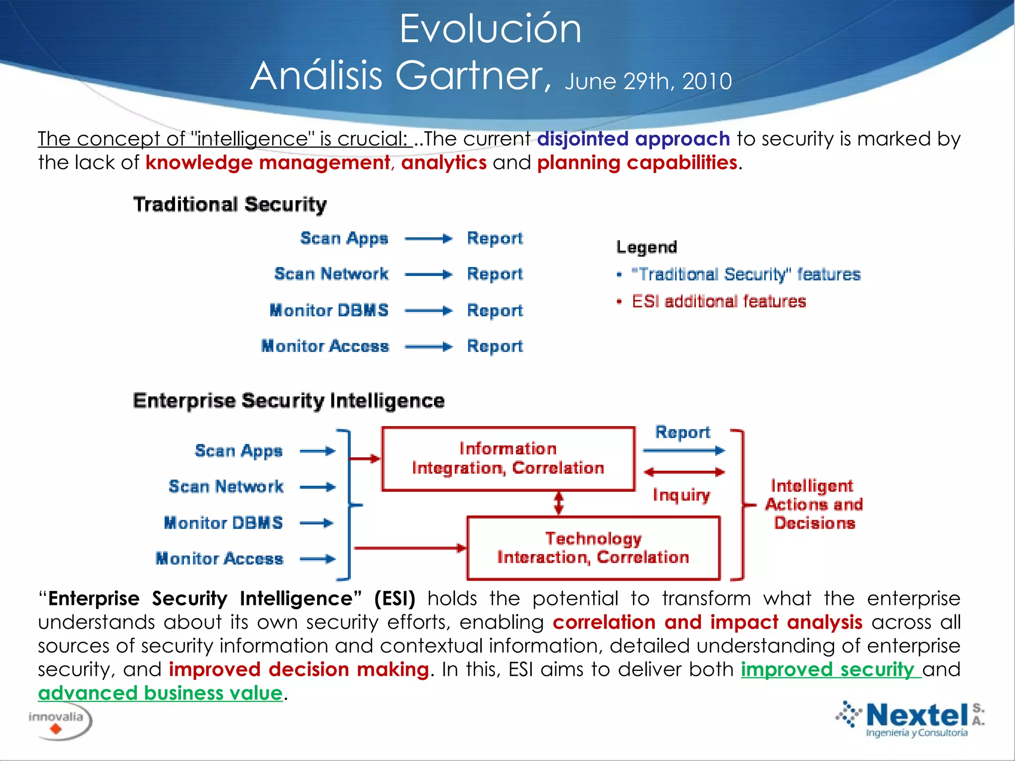Evolución Análisis Gartner,  June 29th, 2010 “ Enterprise Security Intelligence” (ESI)  holds the potential to transform what the enterprise understands about its own security efforts, enabling  correlation and impact analysis   across all sources of security information and contextual information, detailed understanding of enterprise security, and  improved decision making . In this, ESI aims to deliver both  improved security  and  advanced business value .  The concept of &quot;intelligence&quot; is crucial:  ..The current  disjointed approach  to security is marked by the lack of  knowledge management ,  analytics   and  planning capabilities .  