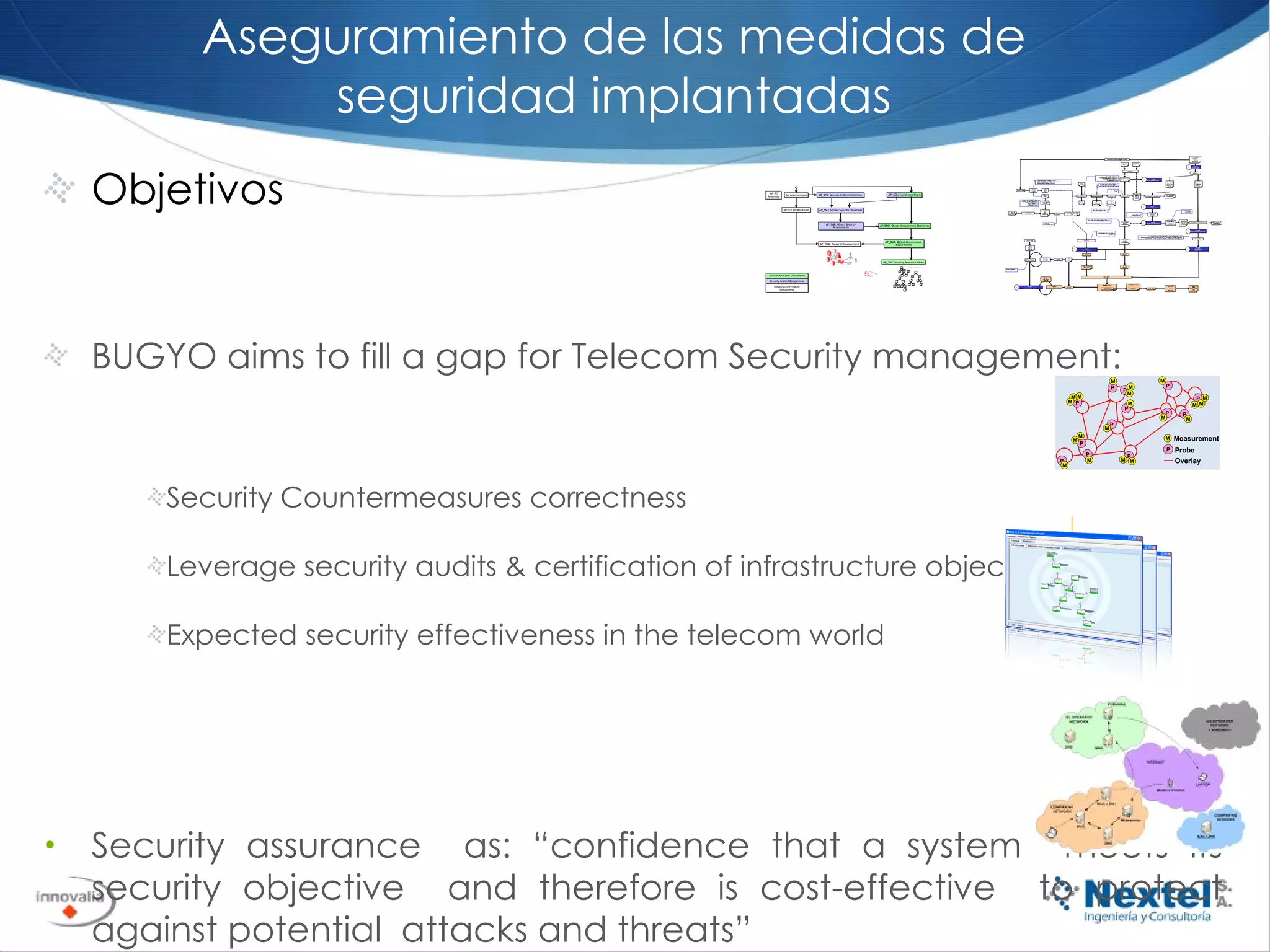 Objetivos BUGYO aims to fill a gap for Telecom Security management: Security Countermeasures correctness Leverage security audits & certification of infrastructure objects Expected security effectiveness in the telecom world Security assurance  as: “confidence that a system  meets its security objective  and therefore is cost-effective  to protect against potential  attacks and threats” Aseguramiento de las medidas de seguridad implantadas 