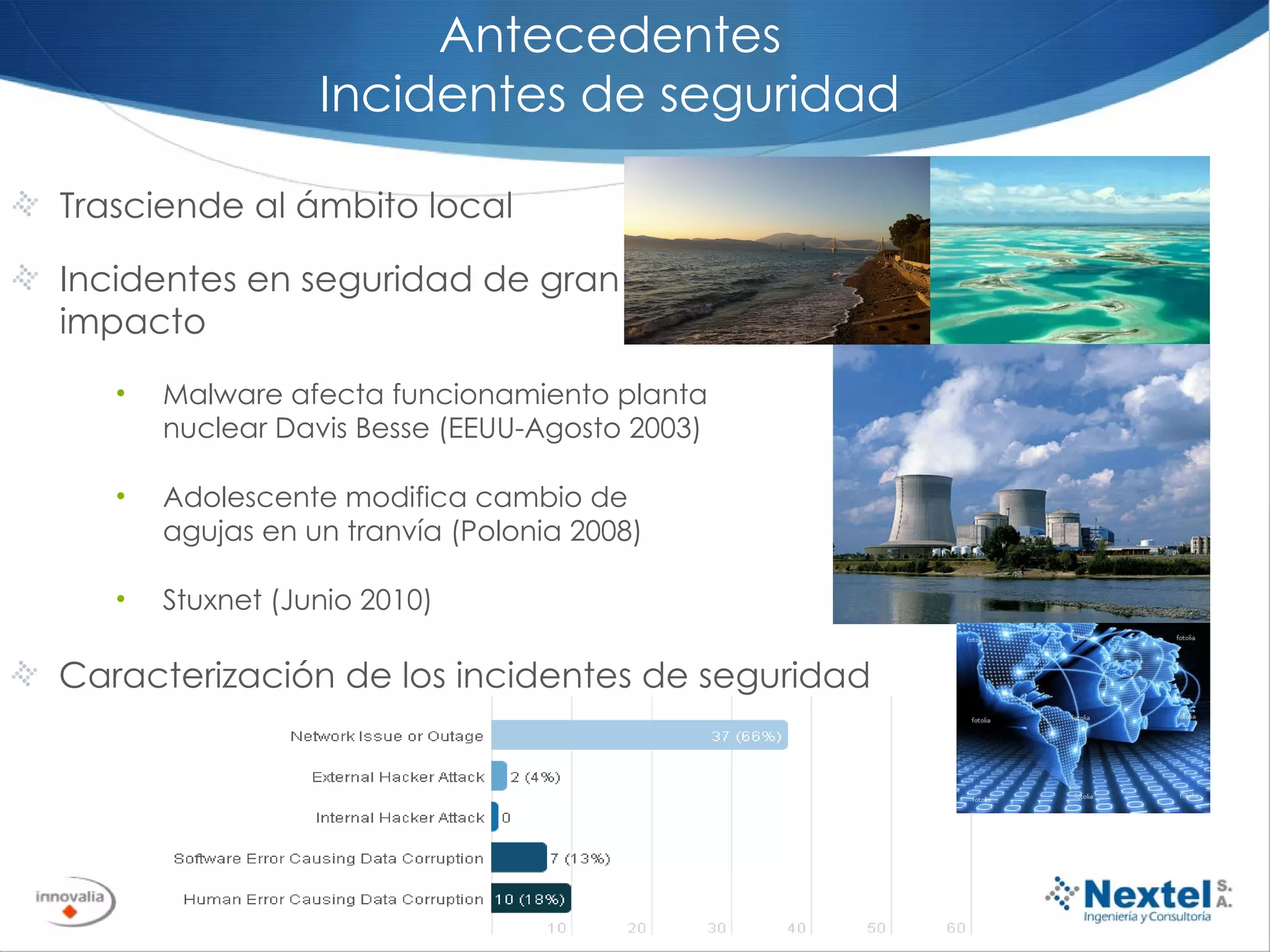 Antecedentes Incidentes de seguridad Trasciende al ámbito local Incidentes en seguridad de gran impacto Malware afecta funcionamiento planta nuclear Davis Besse (EEUU-Agosto 2003) Adolescente modifica cambio de agujas en un tranvía (Polonia 2008) Stuxnet (Junio 2010) Caracterización de los incidentes de seguridad 