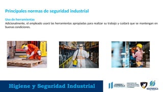 Higiene y Seguridad Industrial
Principales normas de seguridad industrial
Uso de herramientas
Adicionalmente, el empleado usará las herramientas apropiadas para realizar su trabajo y cuidará que se mantengan en
buenas condiciones.
 