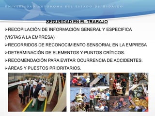 SEGURIDAD EN EL TRABAJO
RECOPILACIÓN DE INFORMACIÓN GENERAL Y ESPECIFICA
(VISTAS A LA EMPRESA)
RECORRIDOS DE RECONOCIMIENTO SENSORIAL EN LA EMPRESA
DETERMINACIÓN DE ELEMENTOS Y PUNTOS CRÍTICOS.
RECOMENDACIÓN PARA EVITAR OCURRENCIA DE ACCIDENTES.
ÁREAS Y PUESTOS PRIORITARIOS.
 
