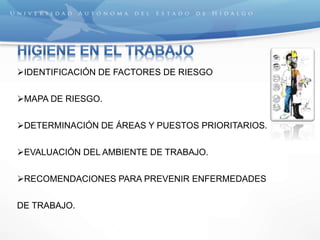 IDENTIFICACIÓN DE FACTORES DE RIESGO
MAPA DE RIESGO.
DETERMINACIÓN DE ÁREAS Y PUESTOS PRIORITARIOS.
EVALUACIÓN DEL AMBIENTE DE TRABAJO.
RECOMENDACIONES PARA PREVENIR ENFERMEDADES
DE TRABAJO.
 