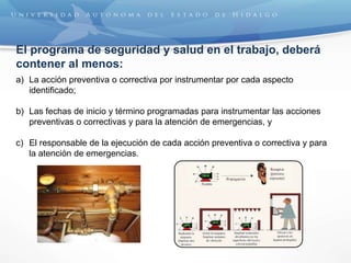 El programa de seguridad y salud en el trabajo, deberá
contener al menos:
a) La acción preventiva o correctiva por instrumentar por cada aspecto
identificado;
b) Las fechas de inicio y término programadas para instrumentar las acciones
preventivas o correctivas y para la atención de emergencias, y
c) El responsable de la ejecución de cada acción preventiva o correctiva y para
la atención de emergencias.
 