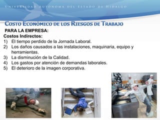 PARA LA EMPRESA:
Costos Indirectos:
1) El tiempo perdido de la Jornada Laboral.
2) Los daños causados a las instalaciones, maquinaria, equipo y
herramientas.
3) La disminución de la Calidad.
4) Los gastos por atención de demandas laborales.
5) El deterioro de la imagen corporativa.
 