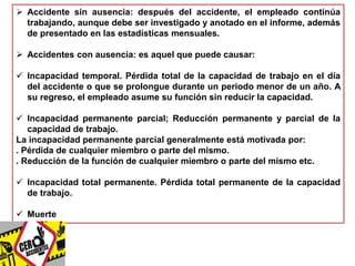  Accidente sin ausencia: después del accidente, el empleado continúa 
trabajando, aunque debe ser investigado y anotado en el informe, además 
de presentado en las estadísticas mensuales. 
 Accidentes con ausencia: es aquel que puede causar: 
 Incapacidad temporal. Pérdida total de la capacidad de trabajo en el día 
del accidente o que se prolongue durante un periodo menor de un año. A 
su regreso, el empleado asume su función sin reducir la capacidad. 
 Incapacidad permanente parcial; Reducción permanente y parcial de la 
capacidad de trabajo. 
La incapacidad permanente parcial generalmente está motivada por: 
. Pérdida de cualquier miembro o parte del mismo. 
. Reducción de la función de cualquier miembro o parte del mismo etc. 
 Incapacidad total permanente. Pérdida total permanente de la capacidad 
de trabajo. 
 Muerte 
 