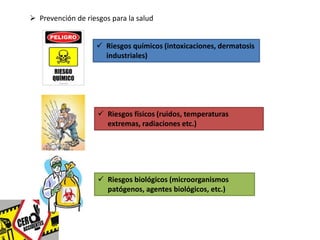  Prevención de riesgos para la salud 
 Riesgos químicos (intoxicaciones, dermatosis 
industriales) 
 Riesgos físicos (ruidos, temperaturas 
extremas, radiaciones etc.) 
 Riesgos biológicos (microorganismos 
patógenos, agentes biológicos, etc.) 
 
