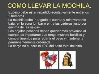 COMO LLEVAR LA MOCHILA. ELpeso debe estar repartido equitativamente entre los 2 hombros. La mochila debe ir pegada al cuerpo y relativamente baja, en la zona lumbar o entre las caderas justo por encima de las nalgas.  Los objetos pesados deben quedar más próximos al cuerpo, es importante que tenga muchos bolsillos y compartimentos para repartir el peso y mantenerla permanentemente ordenada.  La carga no supere el 10% del peso total del niño.  