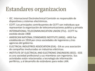 Estandares organizacion
• IEC. Internacional Electrotechnical Comisión es responsable de
  dispositivos y sistemas electrónicos.
• CCITT. Los principales contribuyentes de CCITT son individuos que
  representan la organización de telecomunicaciones publica y privada
• INTERNATIONAL TELECOMMUNICATION UNION (ITU).- CCITT ha
  existido desde 1900
• AMERICAN NATIONAL STANDARDS INSTITUTE (ANSI).- ANSI fue
  establecido en 1918 por cinco sociedades de ingenieros y tres
  agencias del gobierno.
• ELECTRICAL INDUSTRIES ASSOCIATION (EIA).- EIA es una asociación
  de compañías involucradas en industrias eléctricas.
• INSTITUTE OF ELECTRICAL AND ELECTRONIC ENGINEERS (IEEE).- IEEE
  es una sociedad profesional y sus miembros son ingenieros. Sus
  actividades están relacionadas a tecnología de información
  periférica, y al desarrollo de estándares para redes LAN.
 
