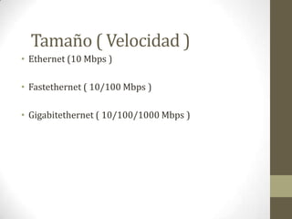 Tamaño ( Velocidad )
• Ethernet (10 Mbps )

• Fastethernet ( 10/100 Mbps )

• Gigabitethernet ( 10/100/1000 Mbps )
 