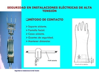 MÉTODO DE CONTACTO Soporte aislante. Pantalla facial. Casco aislante. Guantes de seguridad. Mantener distancias SEGURIDAD EN INSTALACIONES ELÉCTRICAS DE ALTA TENSIÓN 