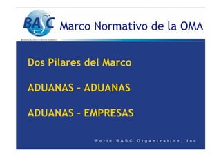 Marco Normativo de la OMA
Dos Pilares del Marco
ADUANAS – ADUANAS
ADUANAS - EMPRESAS
 