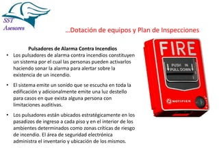 Incendios
…Dotación de equipos y Plan de Inspecciones
Pulsadores de Alarma Contra Incendios
• Los pulsadores de alarma contra incendios constituyen
un sistema por el cual las personas pueden activarlos
haciendo sonar la alarma para alertar sobre la
existencia de un incendio.
• El sistema emite un sonido que se escucha en toda la
edificación y adicionalmente emite una luz destello
para casos en que exista alguna persona con
limitaciones auditivas.
• Los pulsadores están ubicados estratégicamente en los
pasadizos de ingreso a cada piso y en el interior de los
ambientes determinados como zonas críticas de riesgo
de incendio. El área de seguridad electrónica
administra el inventario y ubicación de los mismos.
Tel:2412997, Cel: 961786235,
E-mail: info@sstasesores.pe
www.sstasesores.pe

 