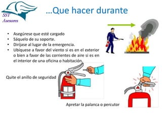 Incendios

•
•
•
•

…Que hacer durante

Asegúrese que esté cargado
Sáquelo de su soporte.
Diríjase al lugar de la emergencia.
Ubíquese a favor del viento si es en el exterior
o bien a favor de las corrientes de aire si es en
el interior de una oficina o habitación.

Quite el anillo de seguridad

Apretar la palanca o percutor
Tel:2412997, Cel: 961786235,
E-mail: info@sstasesores.pe
www.sstasesores.pe

 