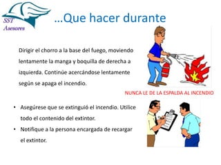 Incendios

…Que hacer durante

Dirigir el chorro a la base del fuego, moviendo
lentamente la manga y boquilla de derecha a
izquierda. Continúe acercándose lentamente
según se apaga el incendio.
NUNCA LE DE LA ESPALDA AL INCENDIO

• Asegúrese que se extinguió el incendio. Utilice

todo el contenido del extintor.
• Notifique a la persona encargada de recargar
el extintor.
Tel:2412997, Cel: 961786235,
E-mail: info@sstasesores.pe
www.sstasesores.pe

 