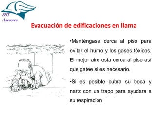 Incendios

Evacuación de edificaciones en llama
•Manténgase cerca al piso para
evitar el humo y los gases tóxicos.

El mejor aire esta cerca al piso así
que gatee si es necesario.
•Si es posible cubra su boca y
nariz con un trapo para ayudara a
su respiración
Tel:2412997, Cel: 961786235,
E-mail: info@sstasesores.pe
www.sstasesores.pe

 