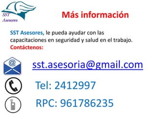 Más información
SST Asesores, le pueda ayudar en la
implementación de la Ley 29783 y con las
capacitaciones en seguridad y salud en el trabajo.
Contáctenos:

www.sstasesores.pe

info@sstasesores.pe

Tel: 2412997
RPC: 961786235

 