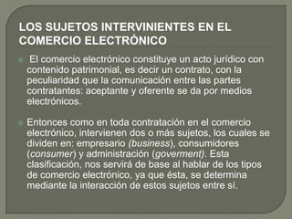 LOS SUJETOS INTERVINIENTES EN EL
COMERCIO ELECTRÓNICO
    El comercio electrónico constituye un acto jurídico con
    contenido patrimonial, es decir un contrato, con la
    peculiaridad que la comunicación entre las partes
    contratantes: aceptante y oferente se da por medios
    electrónicos.

   Entonces como en toda contratación en el comercio
    electrónico, intervienen dos o más sujetos, los cuales se
    dividen en: empresario (business), consumidores
    (consumer) y administración (goverment). Esta
    clasificación, nos servirá de base al hablar de los tipos
    de comercio electrónico, ya que ésta, se determina
    mediante la interacción de estos sujetos entre sí.
 