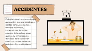 En los laboratorios existen riesgos
que pueden provocar accidentes
(caídas, cortes, quemaduras
térmicas o químicas,
intoxicaciones, incendios,
contacto de la piel con algun
químico ) y enfermedades
derivadas de la exposición
continuada a contaminantes
químicos, físicos o biológicos.
 