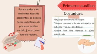 *Enjuagar con abundante agua
*Limpiar con una solución antiséptica en
la herida y en sus alrededores
*Cubrir con una bandita o curita
esterilizada
Para atender a los
diferentes tipos de
accidentes, se deberá
tener un botiquín de
primeros auxilios
surtido, junto con un
libro de registro.
 