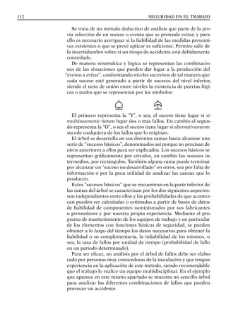 SEGURIDAD EN EL TRABAJO
112
Se trata de un método deductivo de análisis que parte de la pre-
via selección de un suceso o evento que se pretende evitar, y para
ello es necesario averiguar si la fiabilidad de las medidas preventi-
vas existentes o que se prevé aplicar es suficiente. Permite salir de
la incertidumbre sobre si un riesgo de accidente está debidamente
controlado.
De manera sistemática y lógica se representan las combinacio-
nes de las situaciones que pueden dar lugar a la producción del
“evento a evitar”, conformando niveles sucesivos de tal manera que
cada suceso esté generado a partir de sucesos del nivel inferior,
siendo el nexo de unión entre niveles la existencia de puertas lógi-
cas o nudos que se representan por los símbolos:
El primero representa la “Y”, o sea, el suceso tiene lugar si si-
multáneamente tienen lugar dos o más fallos. En cambio el segun-
do representa la “O”, o sea el suceso tiene lugar si alternativamente
sucede cualquiera de los fallos que lo originan.
El árbol se desarrolla en sus distintas ramas hasta alcanzar una
serie de “sucesos básicos”, denominados así porque no precisan de
otros anteriores a ellos para ser explicados. Los sucesos básicos se
representan gráficamente por círculos, en cambio los sucesos in-
termedios, por rectángulos. También alguna rama puede terminar
por alcanzar un “suceso no desarrollado” en otros, sea por falta de
información o por la poca utilidad de analizar las causas que lo
producen.
Estos “sucesos básicos” que se encuentran en la parte inferior de
las ramas del árbol se caracterizan por los dos siguientes aspectos:
son independientes entre ellos y las probabilidades de que acontez-
can pueden ser calculadas o estimadas a partir de bases de datos
de fiabilidad de componentes suministrados por sus fabricantes
o proveedores y por nuestra propia experiencia. Mediante el pro-
grama de mantenimiento de los equipos de trabajo y en particular
de los elementos con funciones básicas de seguridad, se pueden
obtener a lo largo del tiempo los datos necesarios para obtener la
fiabilidad o su complementaria, la infiabilidad de los mismos, o
sea, la tasa de fallos por unidad de tiempo (probabilidad de fallo
en un periodo determinado).
Para ser eficaz, un análisis por el árbol de fallos debe ser elabo-
rado por personas muy conocedoras de la instalación y que tengan
experiencia en la aplicación de este método, siendo recomendable
que el trabajo lo realice un equipo multidisciplinar. En el ejemplo
que aparece en este mismo apartado se muestra un sencillo árbol
para analizar las diferentes combinaciones de fallos que pueden
provocar un accidente.
 